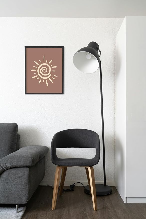 Abstract Spiral Sun Wall Art Swirl Sunburst Print Earth Tones Terracotta Tan Mid Century Modern 11x14 Inch Oak Wood Black Framed Tribal Boho Decor for Living Room
