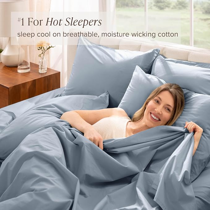 Bare Home 100% Organic Cotton Twin XL Sheet Set - Crisp Percale Weave - Lightweight & Breathable - Bedding Sheets & Pillowcases (Twin XL, Dusty Blue)