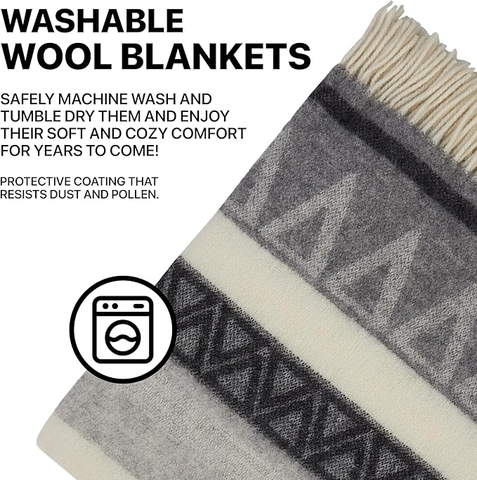 | Wool Blanket/Throw | 100% New Zealand Wool | Perfect for Home and Outdoors | Virgin Wool Throw with Fringes 75"x87" (190 x 220 cm)