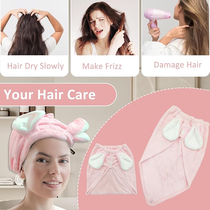 fhgnysm 2 Packs Microfiber Hair Towel, Hair Turbans for Wet Hair, Drying Hair Wrap Towels for Curly Hair Woman Anti Frizz,Head Towel to Dry Hair Quickly(Pink)