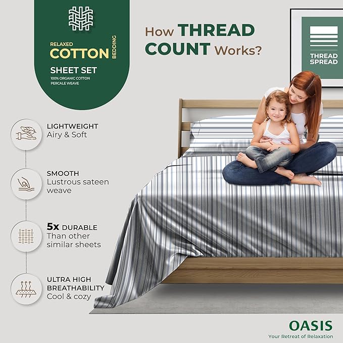 THREAD SPREAD 100% Organic Cotton Sheets California King Size - Organic Cotton Cal King Size Percale Sheet Set (4 PC, Variegated Stripe), Soft, Cooling & Crisp, 16" Deep Pocket Hotel Bedding Set