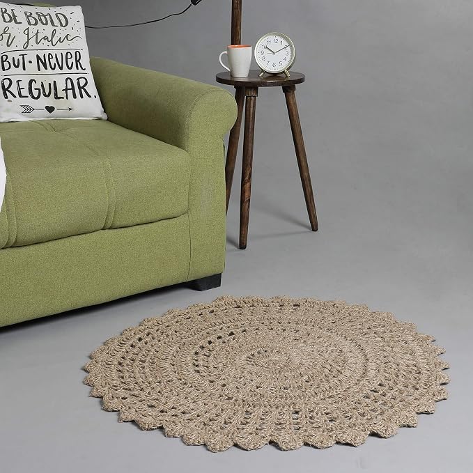 THE BEER VALLEY Jute Hand Crochet Rug 3 Feet Round - Natural | Non-Slip Farmhouse Small Circle Rug for Bedroom, Kitchen, Nursery - Accent Decorative Scalloped Floor Mat