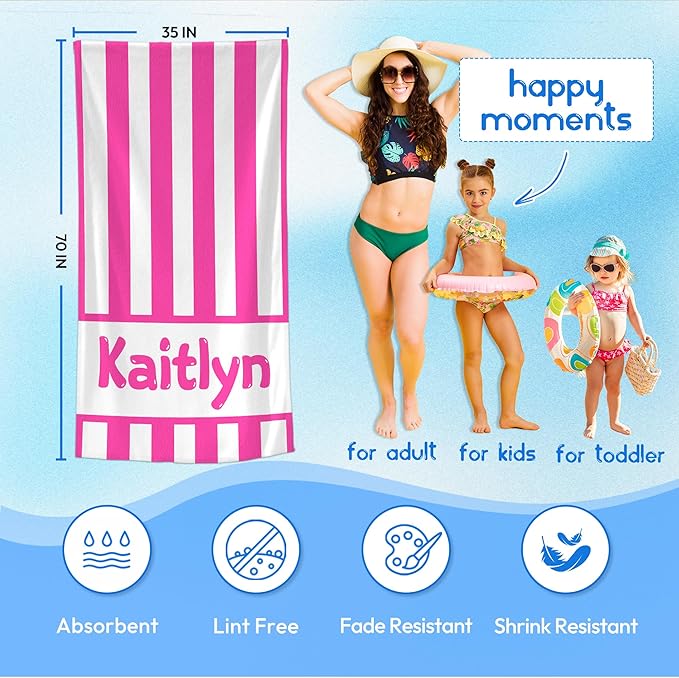 JML Personalized Beach Towel with Name, Custom Cabana Stripe Beach Towel, Customized Microfiber Pool Towel, Quick Dry & Absorbent Swim Towel for Adult,Anniversary, Birthday, Summer Holiday,Vacation
