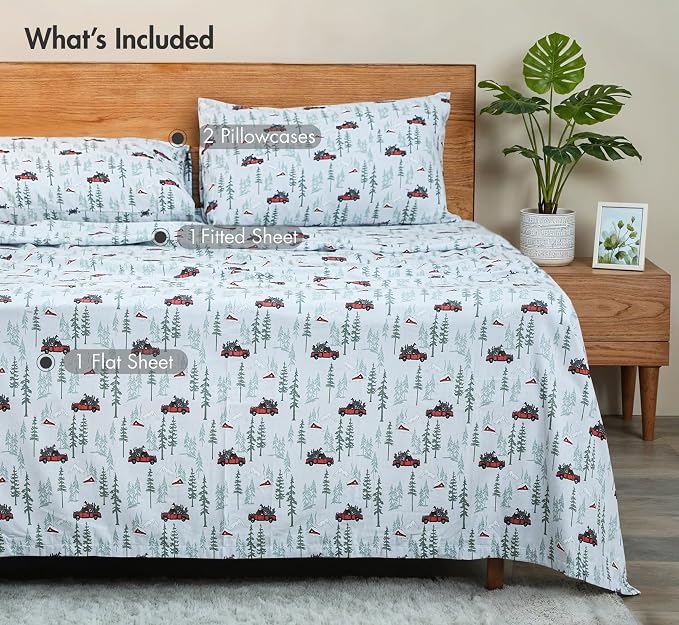 RUVANTI Flannel Sheets Full Size - GOTS Certified 100% Organic Cotton, 4 Piece Warm, Soft & Breathable Set, Deep Pocket Snug Fit, Double Brushed Cozy All Season Bedding, Merry Miles