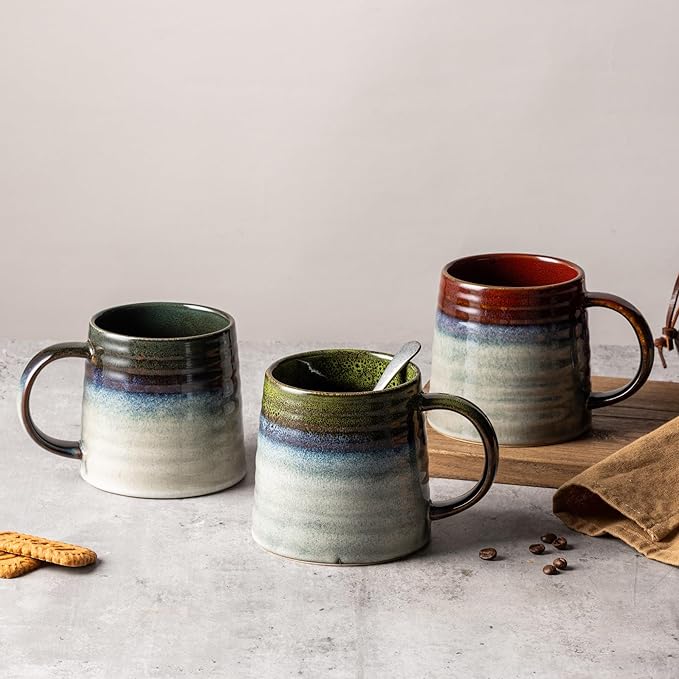 15.5 Oz Large Reactive Glaze Ceramic Mug, Heavy Weighted Stoneware Coffee Cup, Wide Base, Thick Wall Big Tea Cup with Custom Package Box, Microwave & Dishwasher Safe (Light Green)