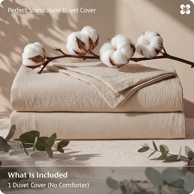 Bedsure Duvet Cover Queen Size - 100% Washed Cotton, Linen-Like Minimalist Bedding - PureWoven Plain Soft Comforter Cover for All Seasons, 1 Duvet Cover Only (Frosted Almond, 90" x 90")