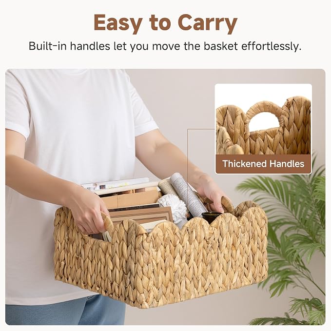StorageWorks Scalloped Water Hyacinth Baskets, Hand-woven Rattan Baskets with Built-in Handles, Cute Baby Basket for Nursery, Basket for Organizing and Decor, 16½"L x 13"W x 7½"H