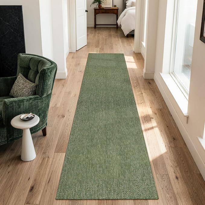 Uphome Long Hallway Runner Rug, 2x8 Washable Boho Kitchen Rug Runner, Non Slip Braided Cotton Famhouse Entryway Runner Rug Low Pile, Stain Resistant Floor Runner for Hallways Doorawy Bedroom, Green