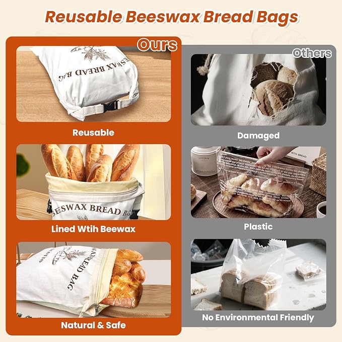 Surcotto Beeswax Bread Bags,2 Pack Sourdough Bread Bag,Reusable,for Homemade Bread,Natural Beeswax-Lined Cotton Food Storage Bags to Keep Fresh,Sourdough Bread Bag for Freezer & Refrigerator