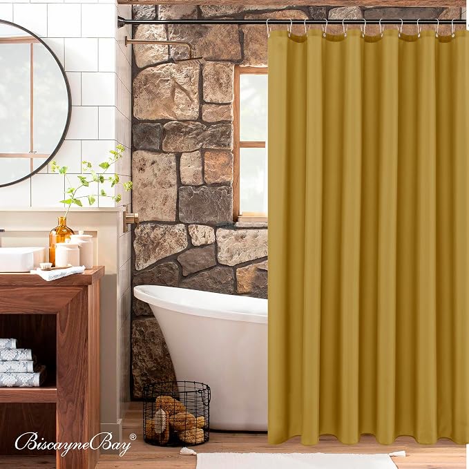 Biscaynebay Hotel Quality Fabric Shower Curtain Liner 72 Inch by 72 Inch, Gold Water Resistant Bathroom Curtains Rust Resistant Grommets & Weighted Bottom Hem Machine Washable