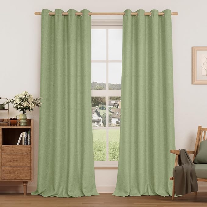 LAMIT Sage Green Linen Textured Curtains for Bedroom, Grommet Thermal Insulated Thick Curtains Light Filtering Panels for Living Room/Outdoor/French Door, Set of 2 Panels, W52 x L95
