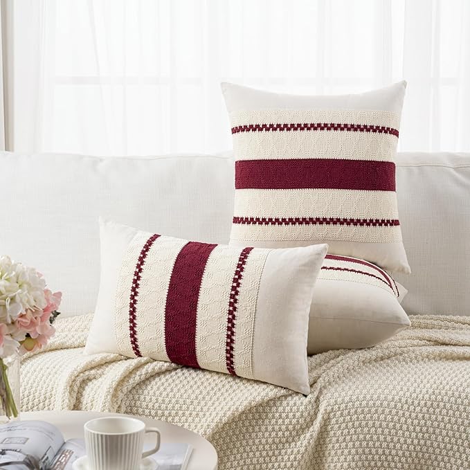 Fancy Homi Set of 2 Burgundy Boho Decorative Throw Pillow Covers 22x22 Inch for Couch Bed Sofa, Aesthetic Modern Farmhouse Christmas Room Decor, Soft Cotton Cute Textured Wind Red Cushion Case