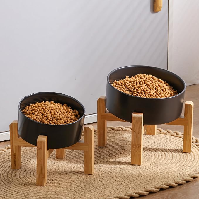 Black Elevated/Raised 15°Tilted Anti Slip Ceramic Dog Bowl for Medium & Large Breeds,Slanted Bulldog Big Face Pet Feeding Food Water Dish Stand for Dogs (7.6 Cups/60OZ)