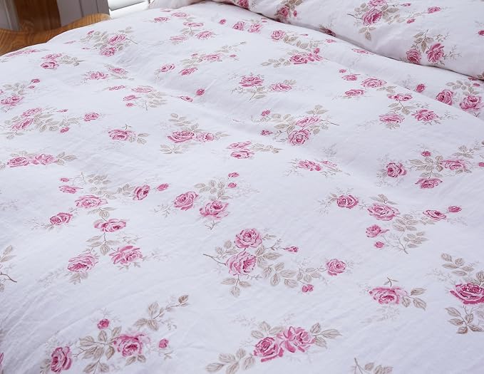 100% French Flax Linen Duvet Cover Set Queen Size, 3pcs Comforter Digital Botanical Printed Rose Farmhouse Floral Bedding with Button Closure and 8 Corner Ties(Pink Rose, Queen)