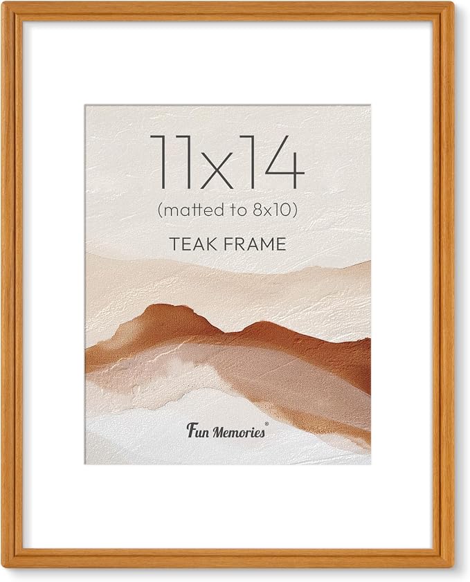 11x14 Picture Frame with Mat for 8x10, USA-Sourced Natural Teak Wood Handcrafted Rounded Corner with HD Tempered Glass, 11 x 14 Photo Frames Gallery Wall & Tabletop, Vertical or Horizontal Display