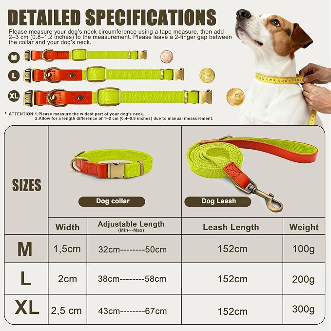 Dog Collar and Leash Set with Metal Quick Release Buckle, Adjustable, Breathable Nylon, Durable, Soft and Comfortable for Walking and Training, Fluorescent Yellow, M (12.6"-19.6")