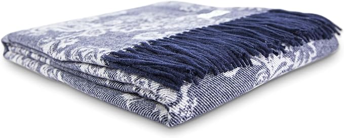 Calyx Interiors Wool Throw Blanket – 50 x 60in Lambswool Throw Blanket with Tassels – Soft and Warm Thick Wool Throw – Throw Blanket for Couch, Bed, Sofa – Warm Blanket for Winter (Navy/Gray)