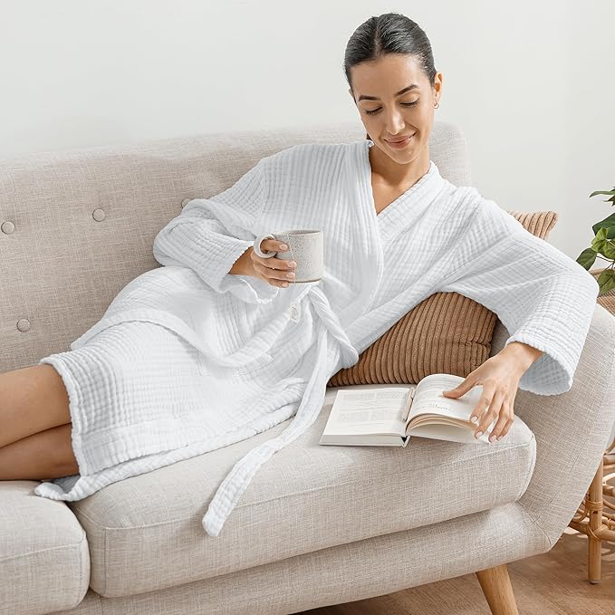 Comfy Cubs 100% Cotton Muslin Bathrobe - 4-Layer Absorbent Robe with Pockets & Belt for Bath, Spa, or Lounging