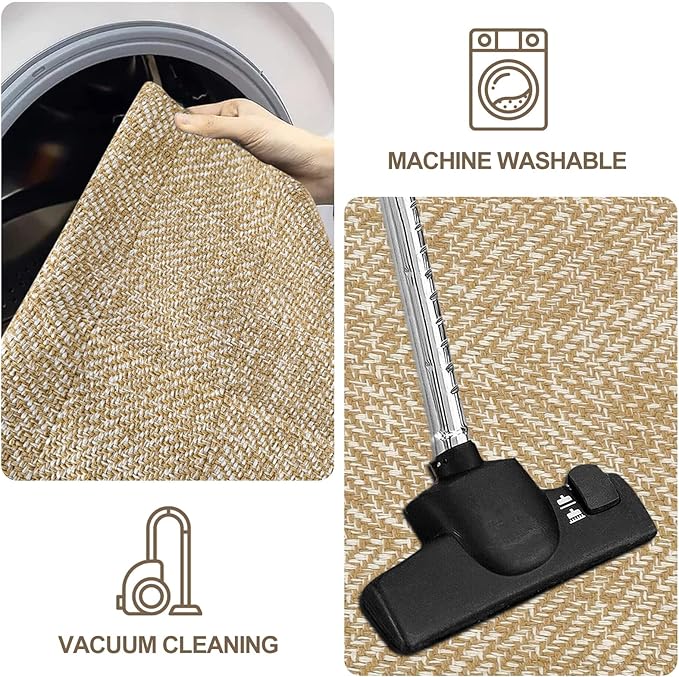 LEEVAN Washable Kitchen Runner Rug, 2' x 4.3' Boho Bathroom Rugs Cotton Tan Reversible Entryway Rug, Farmhouse Hallway Rug Modern Bedroom Carpet for Foyer Front Proch Deco
