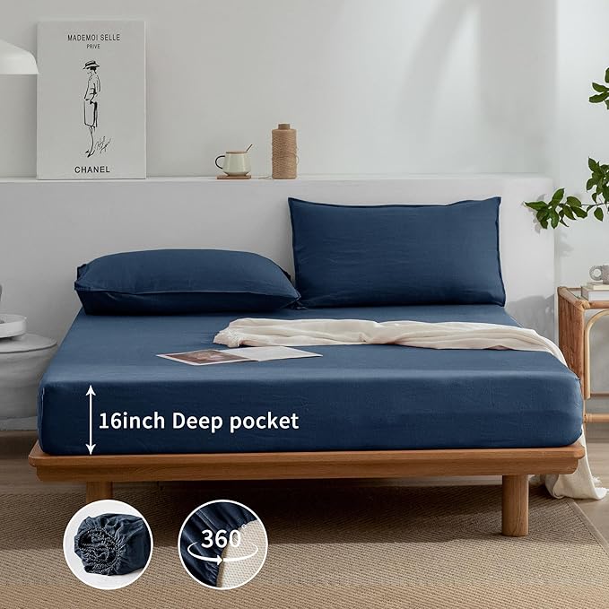 EVERLY Linen Sheets Set Full Size,100% French Stonewash Pure Linen Sheets Set,4Pieces (1Flat Sheet,1Fitted Sheet,2Pillowcase) Suitable for Hot Sleepers,Deep Pocket Natural Bedding Set-Navy Blue