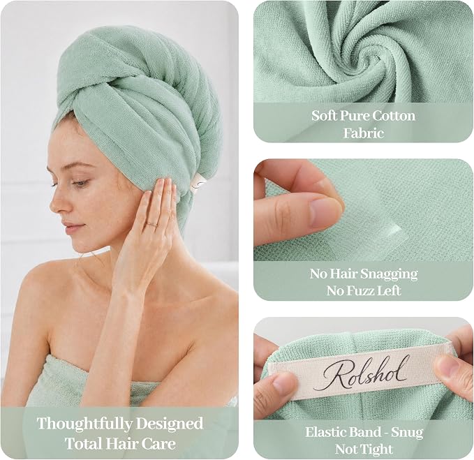 ROLSHOL Cotton Hair Towel Wrap for Women, 2 Pack 100% Cotton Hair Drying Towels for Long, Thick & Curly Hair, 32" x 11" Large Hair Turban for Wet Hair with Elastic Band (Light Green)