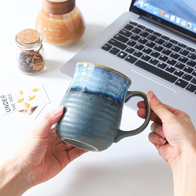 23 oz Large Ceramic Coffee Mugs, Handmade Cup with Large Handle, Big Tea and Coffee Cups for Office and Home, Microwave and Dishwasher Safe (Blue Grey)