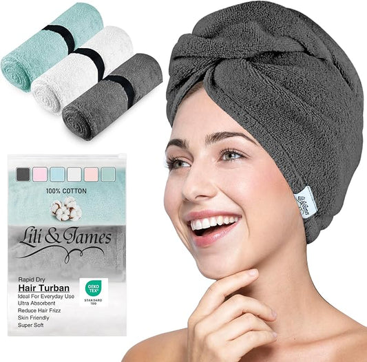 Lili&James 100% Cotton Hair Towel Wrap for Women & Kids – 420 GSM Quick Dry Hair Turban with Double Button Loop, Anti Frizz Non Microfiber Hair Drying Towel for Long & Thick Hair (White+Grey+Aqua)