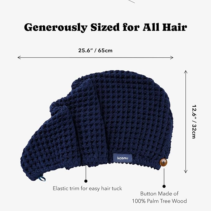 Luxury Organic Japanese Cotton Hair Drying Waffle Towel Wrap for Women | Absorbent, Quick-Dry Head Turban for Shower, Sauna, Spa | Extra Large for Long, Curly, Straight Hair With Button (Blue, 2 Pc)