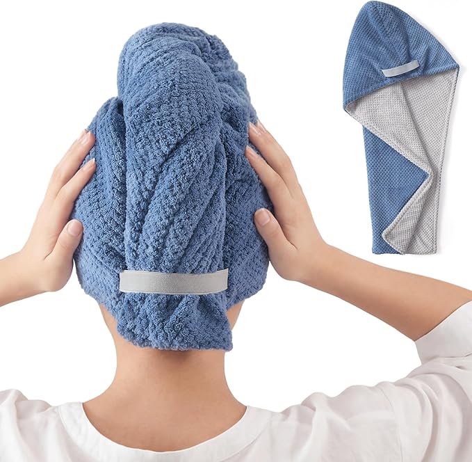 REDKISS Microfiber Hair Towel Wrap for Women, Double Sided Hair Towels with Elastic Strap, Super Absorbent Quick Dry Hair Drying Towel for Long, Thick, Curly Hair, Anti-Frizz Turban (Blue & Gray)