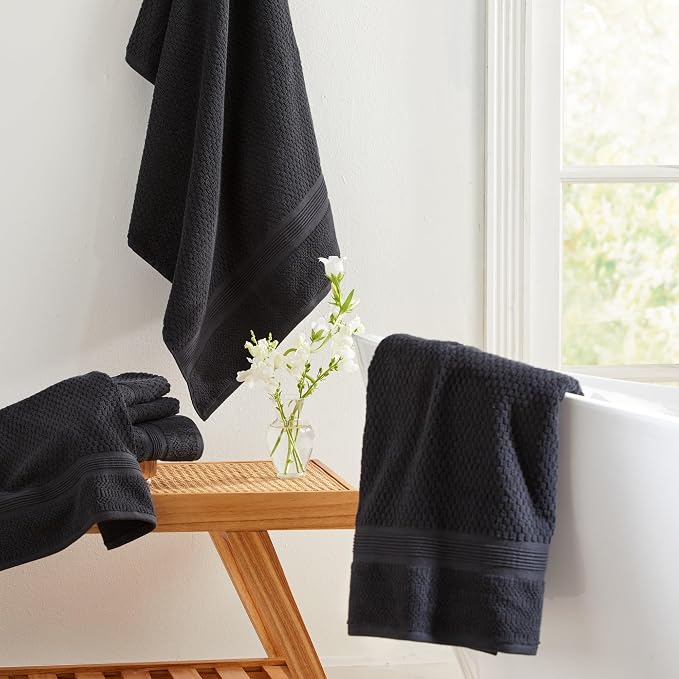 Market & Place 100% Cotton Waffle Weave Bath Towels Set of 4 – Soft, Quick-Dry, Lightweight, Textured Bathroom Towels – Black | Zoey Collection