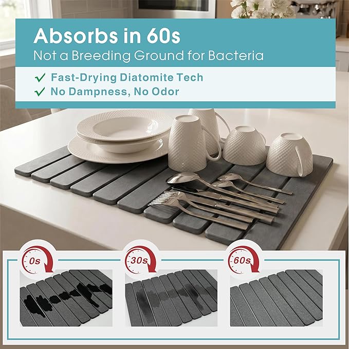 Diatomaceous Earth Stone Dish Drying Mat for Kitchen Counter – Quick Drying Mat Set (1*Large 23"×15.5" & 2*Small 7.5"×4") | Kitchen Drying Mat for Dishes, Cups & Utensils, Sink Mat (Grey)