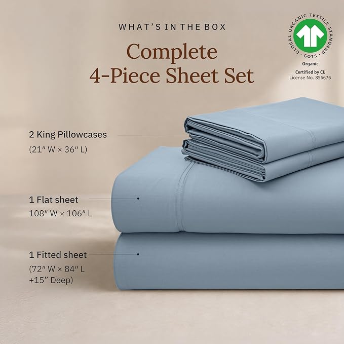 California Design Den California King Sheets Deep Pockets Set - 100% Organic Cotton Sheet Sets, Soft and Lightweight Sateen, Durable Bedding - Pastel Blue
