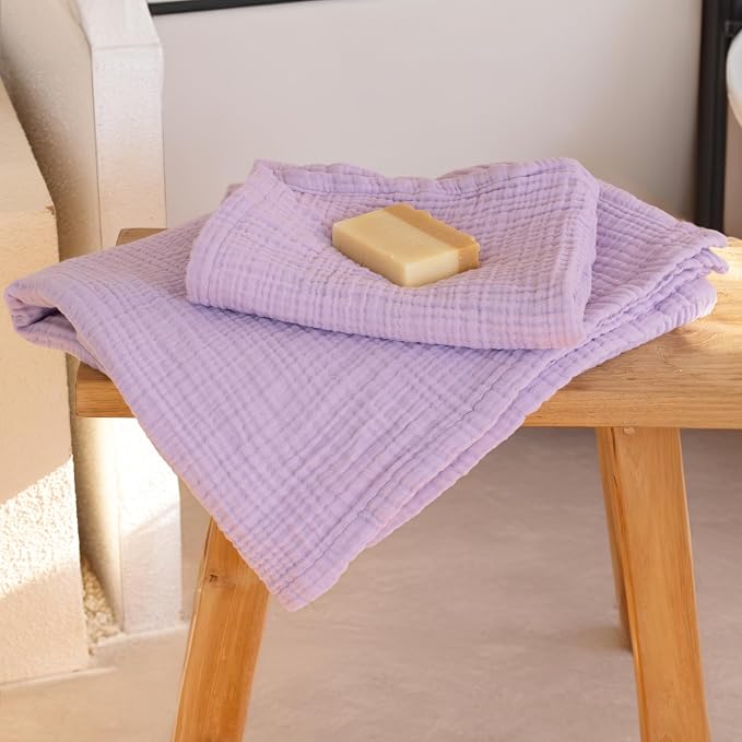 Ultra Soft Muslin Towel Adult Set, 100% Turkish Cotton 4-Layer 2 Pieces Luxury Muslin Hand & Bath Towels Sets for Bathroom (Lilac, 1 Bath & 1 Hand Towel Set)