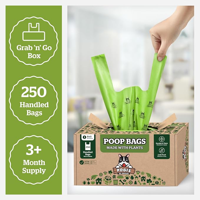 Pogi's Compostable Poop Bags with Easy-Tie Handles – Leak-Proof, Extra-Large, Made with Plants (Single Roll, 250-Count)