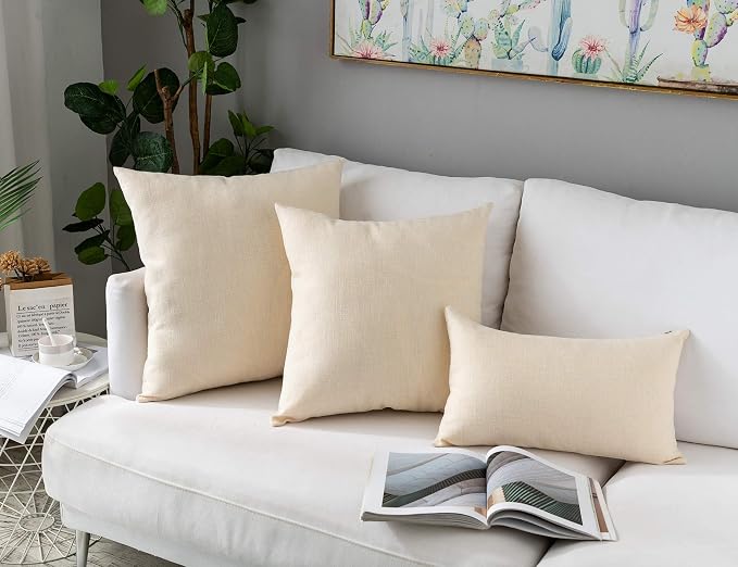 Stellhome Rectangle Burlap Throw Pillow Covers Solid Farmhouse Linen Pillowcase for Bed Couch Sofa Bench, Set of 2, 12 x 20 inch (30 x 50 cm), Cream