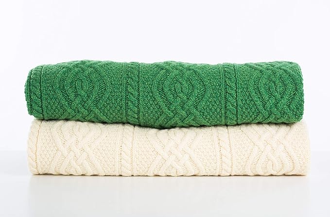 SAOL Luxurios Dara 100% Merino Wool Cable Knit Aran Throw/Blanket (Green) by 69 x 44 inches