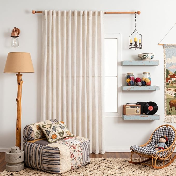 MYSKY HOME Natural Linen Curtains for Bedroom Living Room, Semi Sheer Curtains & Drapes 90 inches Length Farmhouse Country Style Back Tab Draperies for Sliding Glass Door, 100" Wide, 1 Panel