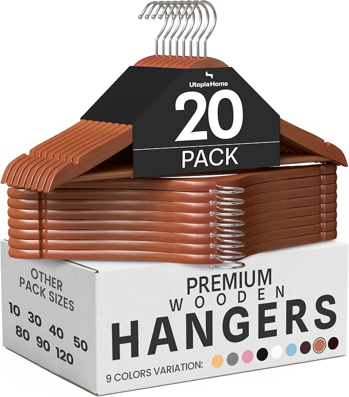 Utopia Home Premium Wooden Hangers 20 Pack - Durable & Slim Coat Hanger - Suit Hanger with 360-Degree Rotatable Hook - Wood Hangers with Shoulder Grooves (Cherry Color)