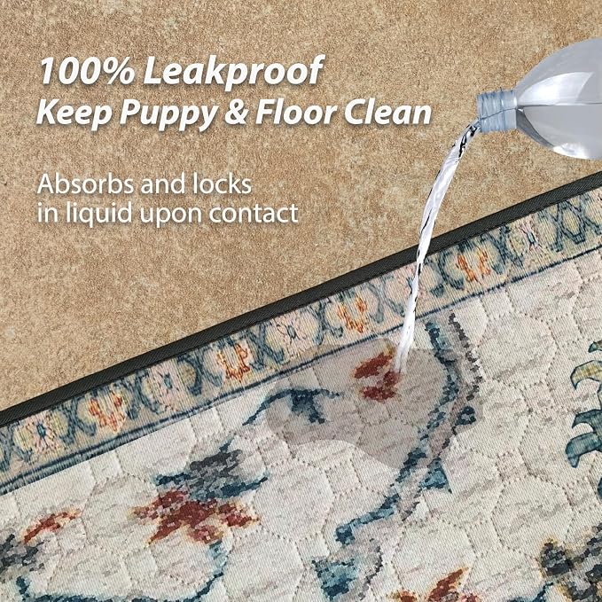 nunubaby Washable Pee Pads for Dogs, Stylish, Non-Slip and Leak-Proof Pee Pads. Reusable Potty Pads for Dogs for Crates and Floors.(Beige/Floral, 24" x48" )