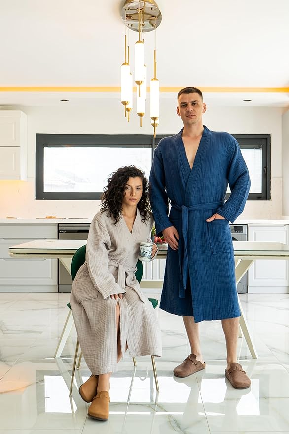 Muslin Unisex Bathrobe Women & Men, 100% Cotton Kimono Lightweight Robe | Long Robes Soft, Absorbent, Spa robes