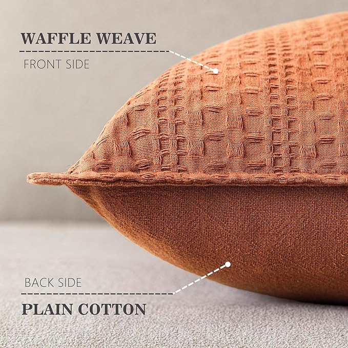 Foindtower Set of 2 Decorative Cotton Waffle Weave Throw Pillow Covers Euro Shams Cushion Covers Accent European Pillowcase for Bed Couch Sofa Bedroom Living Room Home Decor 20×20 Inch Burnt Orange