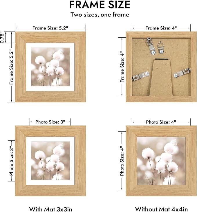 Hongkee 4x4 Oak Wood Picture Frame 1 Pack(Matted 3x3) with Real Glass Cover | Natural, 4 x 4 Solid Wood Frame for Wall or Tabletop Display - Includes Easel Back, Vertical Hang - Ideal for Home, Office