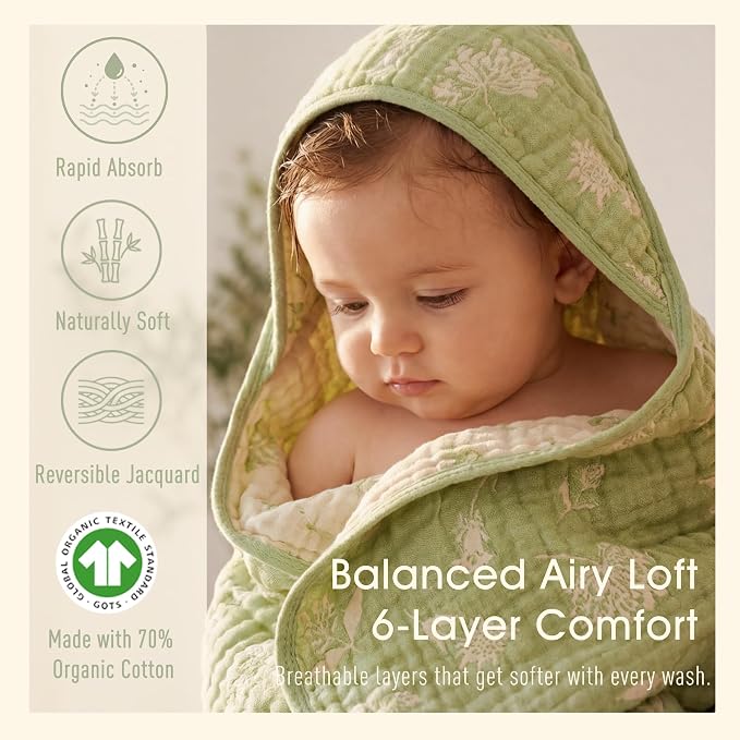 Muslin Baby Towel Set, 4-Piece Newborn Gift with 2 Bath & 2 Washcloths, Baby Shower Ready, Earthy Botanicals Theme 32" X 32"