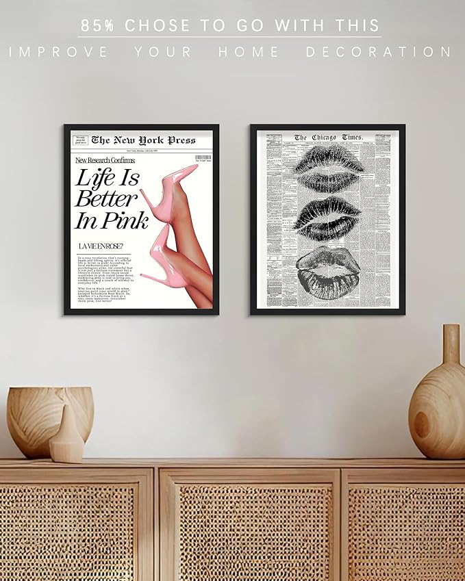 Vodefoad Trendy Newspaper Wall Art Prints Life Is Better In Pink Poster Pink Prints For Room Disco Poster for Teen Girly Bedroom Apartment, Bar Cart decor -8x10 Unframed