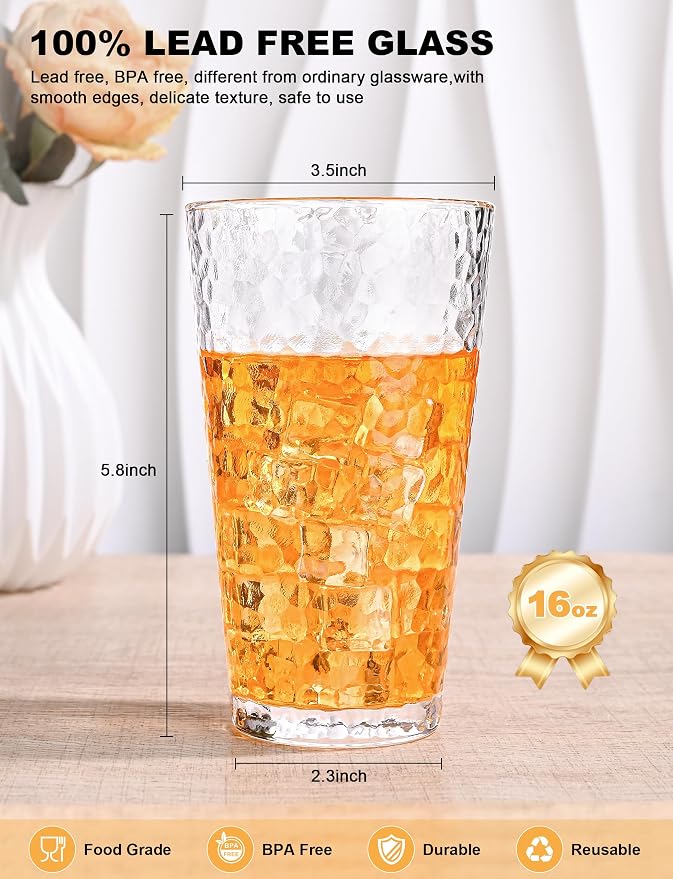 Amyoole Drinking Glasses Set of 8,16oz Clear Highball Water Glasses,Stackable Lead-Free Hammered Glass Cups,Kitchen Drinkware Glassware for Cocktail,Beer,Juice,Iced Tea,Margaritas and Mixed Drinks