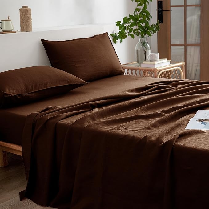 EVERLY Linen Sheets Set Twin Size,100% French Stonewash Pure Linen Sheets Set,3Pieces (1Flat Sheet,1Fitted Sheet,1Pillowcase) Suitable for Hot Sleepers,Deep Pocket Natural Bedding Set-Chocolate