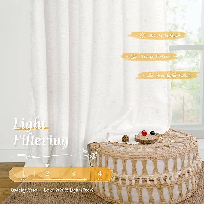 LAMIT Light Filtering 63 inch Length Linen Curtains, Soft Linen Textured Rod Pocket Neutral Boho Drapes Window Treatment Panels for Living Room/Bedroom, 2 Panels Set, 42 x 63 Inch, Ivory White