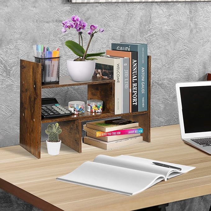 Sorfity Expandable Wood Desktop Bookshelf Desktop Organizer Office Storage Rack Wood Display Shelf, Counter Storage Rack Top Bookcase - Freestyle Display Natural Stand Office Supplies Desk Organizer