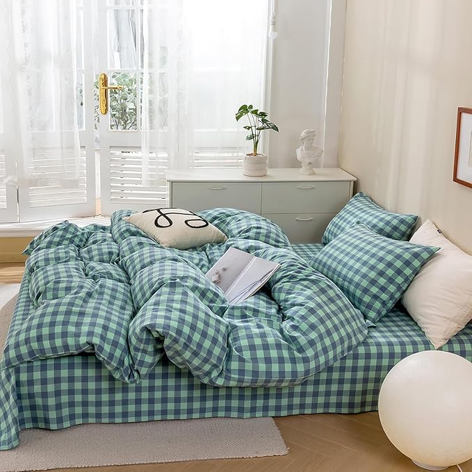 mixinni Green Gingham Grid Duvet Cover Twin, 100% Washed Cotton Modern Geometric Bedding Set with 2 Pillowcases, Farmhouse Style Blue Plaid Comforter Cover Set for Men & Women, Soft & Lightweight