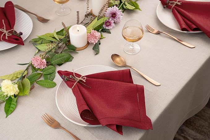 Signature Linen™ by D'Moksha Red Dinner Napkins Set of 8, 20 x 20 Inch Cloth Napkins, 100% Pure Linen, Hemstitch, Machine Washable Table Napkins- Summer, Father's & Independence Day